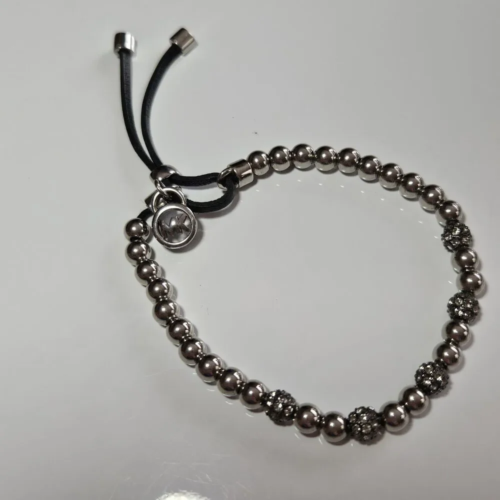 Michael Kors Slider Bracelet | Silver and Rhinestone Beaded Adjustable